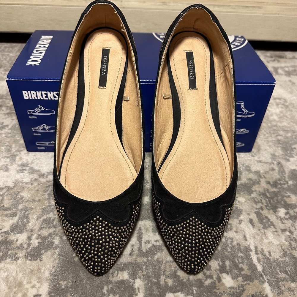 Forever 21 Suede Black Flats with Gold Detailing (Size 8)